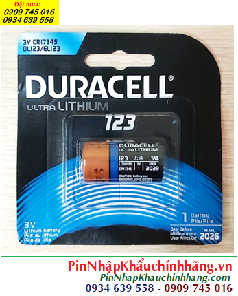Duracell CR123A, Pin 3v lithium Duracell Ultra CR123A, CR17345 chính hãng, Xuất xứ Mỹ (Vỉ 01viên)